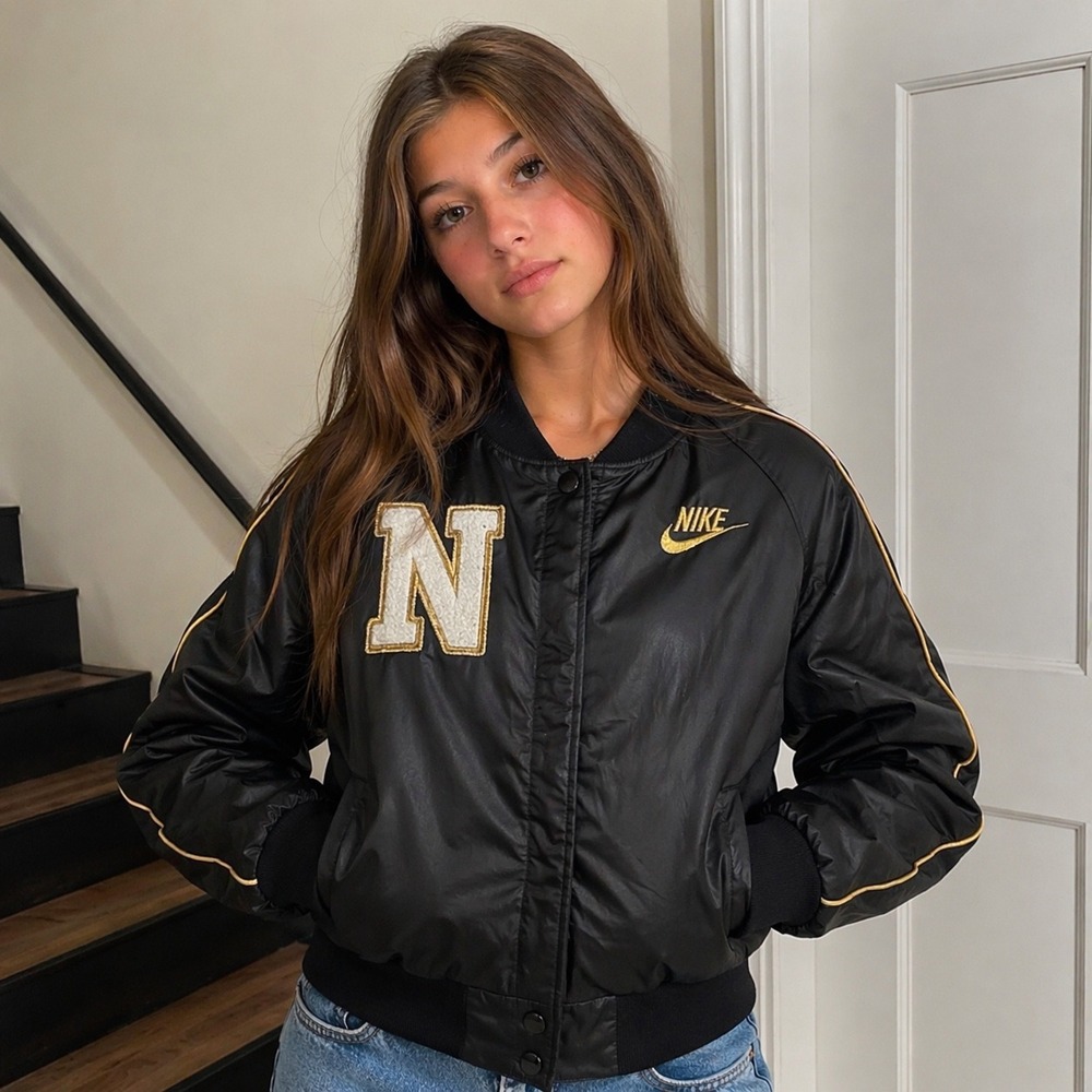 Nike‎ Kids Black Gold Satin Varsity Bomber Jacket Embroidered Chenille Patch M